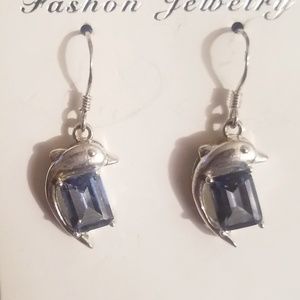 Silvertone Blue Crystal Dolphin Earrings